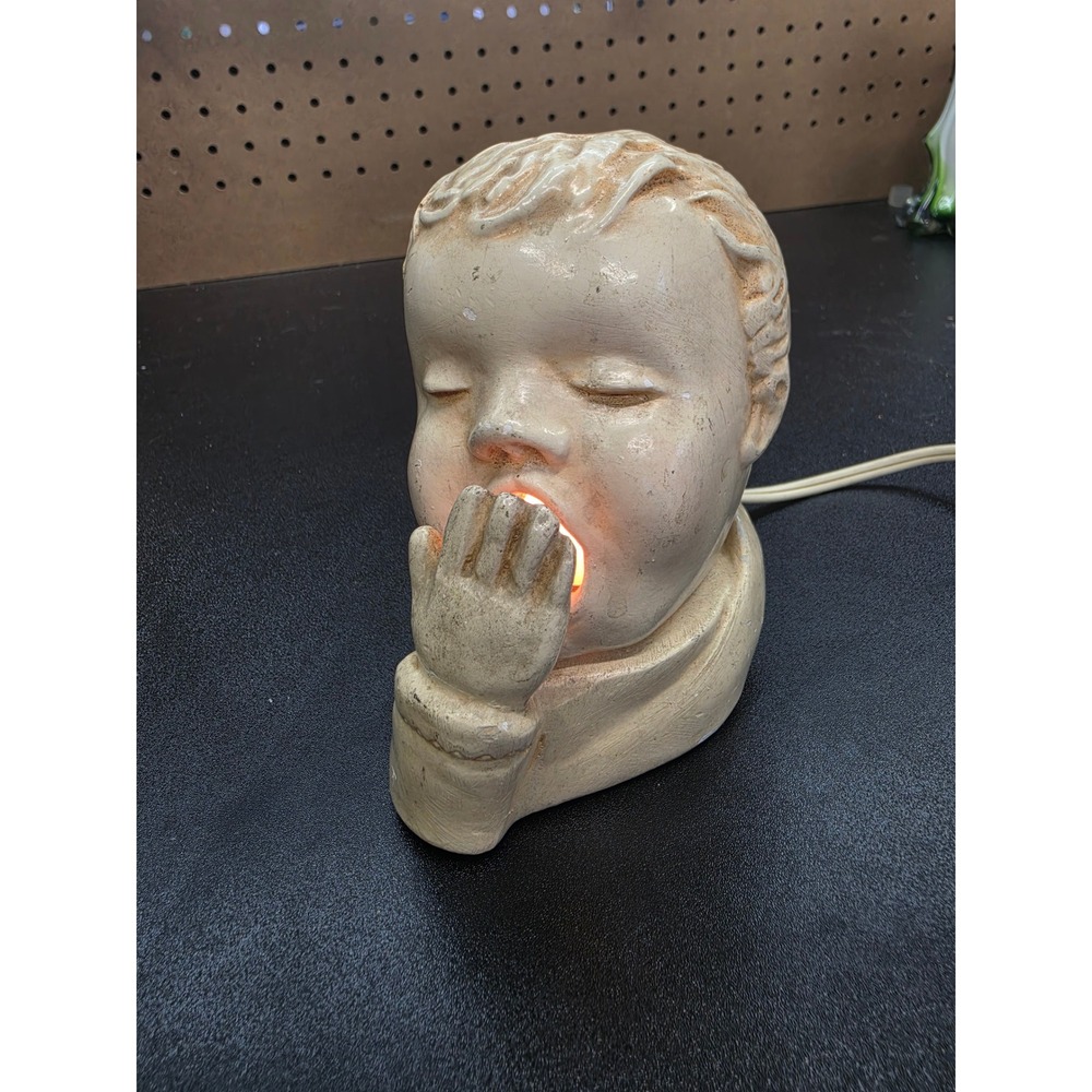 Vintage Wylo Baby Head Night Light Yawning Child Ceramic Nursery Lamp Cream
